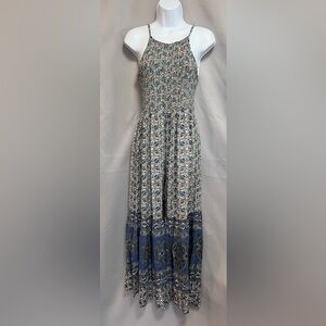 Angie Boho Floral Wide Leg Bell Bottom Smocked Jumpsuit Blue  Bohemian Medium‎